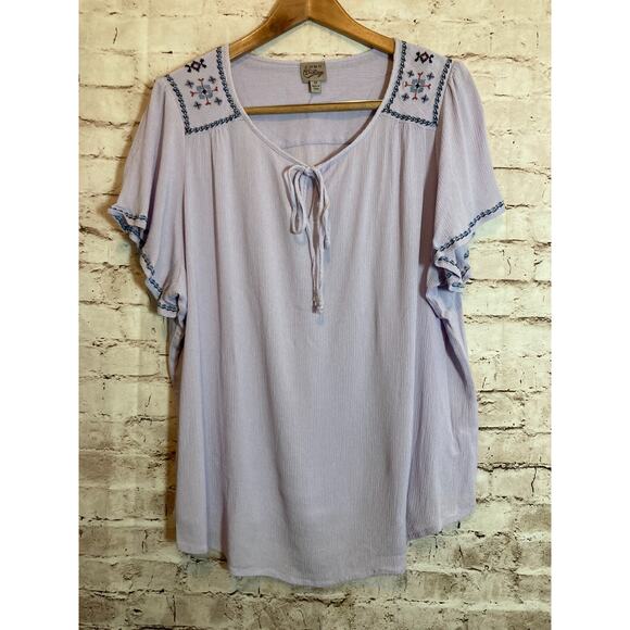 COMO Vintage Peasant Top Womens 2X Light Purple Embroidered Tie Neck Boho Hippie - Picture 1 of 14